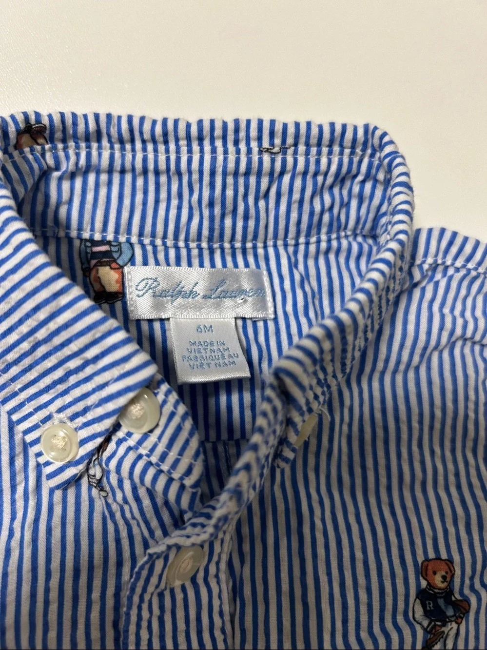 Ralph Lauren Blue and White Striped Baby jumper with Bear Embroidery